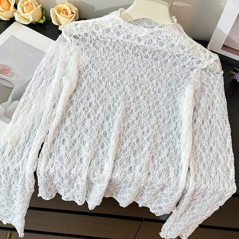 French Style Mock Neck Lace Bottoming Shirts Autumn Long Sleeve Mesh Tops Solid Slim Pullover T-shirts Female Clothes