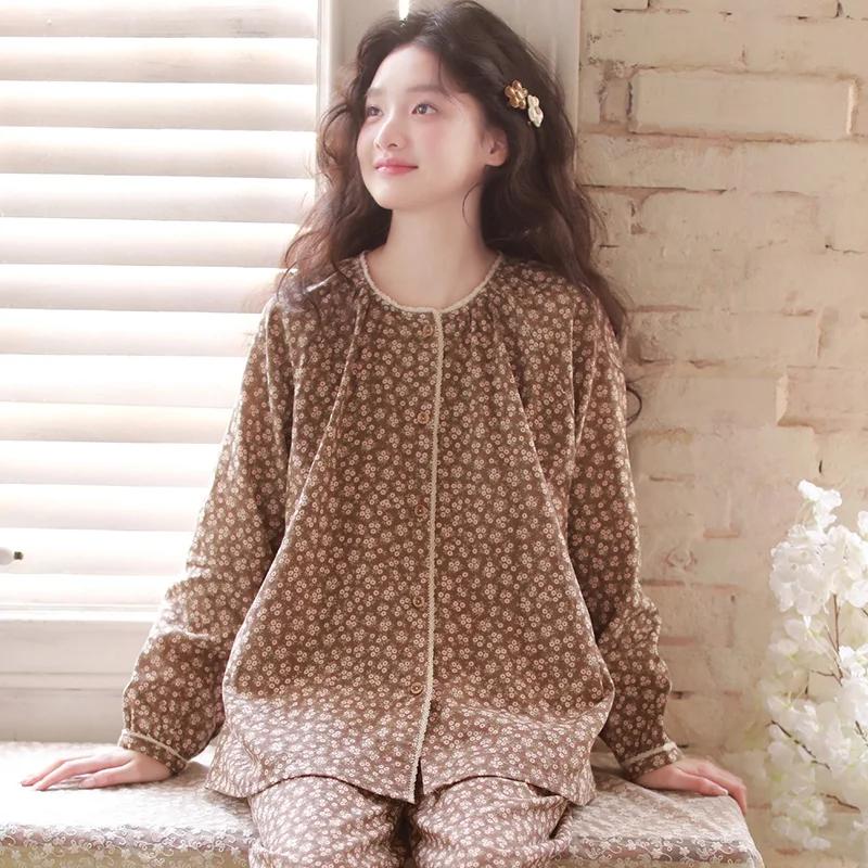 

Cotton pajamas for spring and autumn women, sweet floral long sleeved gauze that can be worn as oversized home clothes