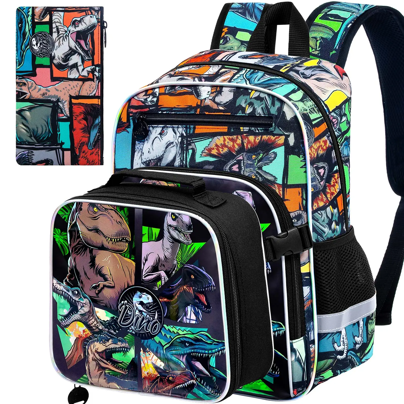 16インチの恐竜バックパック-男の子用、3個セット-キッズスクールブックバッグ-ランチボックス付き、幼稚園・保育園用バックパック-バックル付き-黒