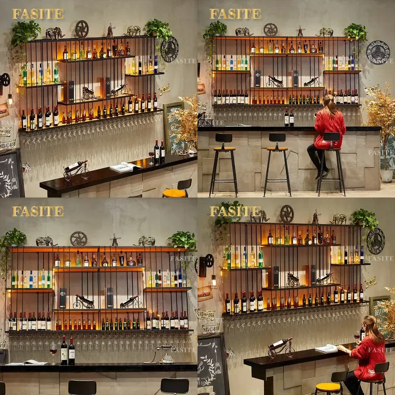 For Bar Wall Mounted Industrial Wine Rack Wrought Iron Solid Wood Red Wine Display Cabinet Hanger Storage Shelf Home Decor