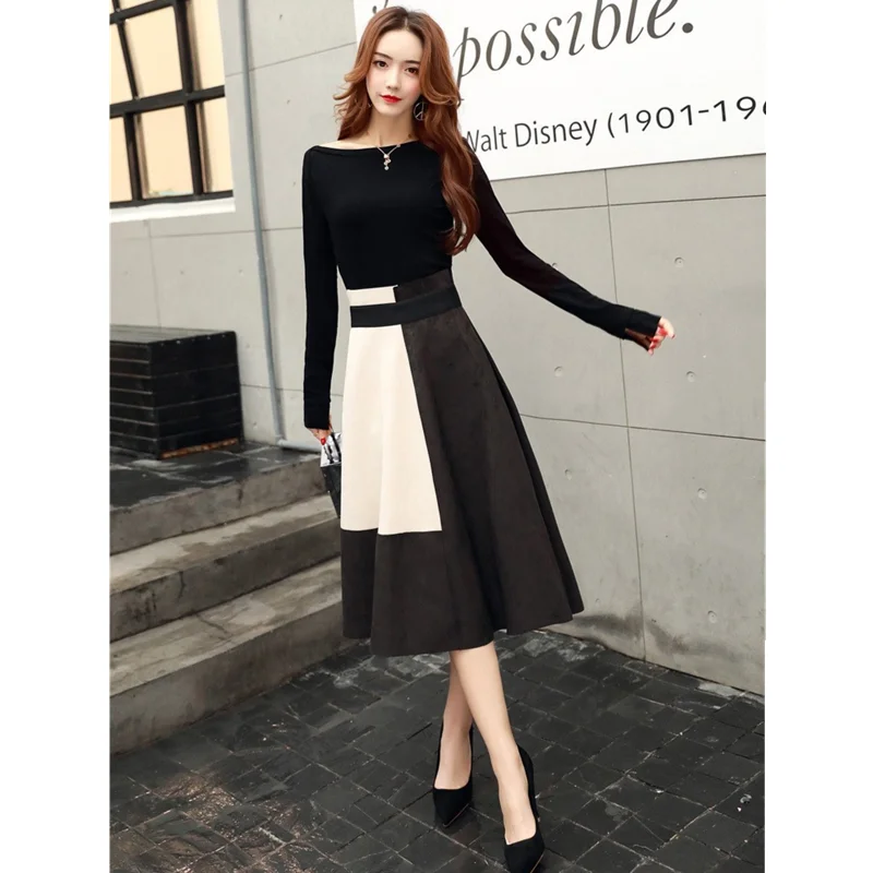 2024 Cekcya Women's Minimalist Style Autumn SKirt Sets 2 Pcs Elegant Ladies Black Shirt + Niche Design Midi Skirts Female Outfit