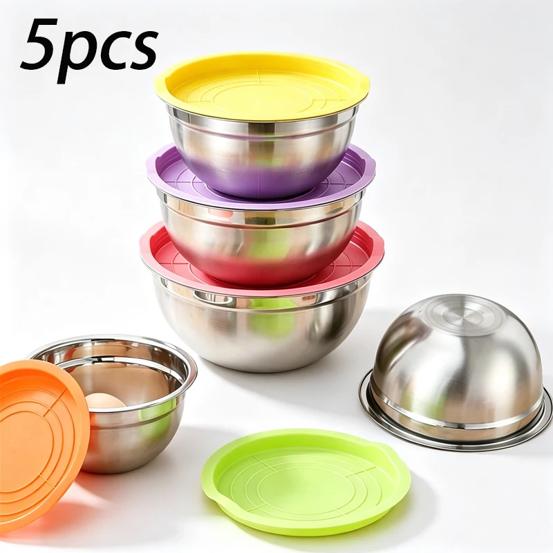 5pcs stainless steel The Mixing Bowl with multicolor lid and stackable nested salad bowls for kitchen baking.