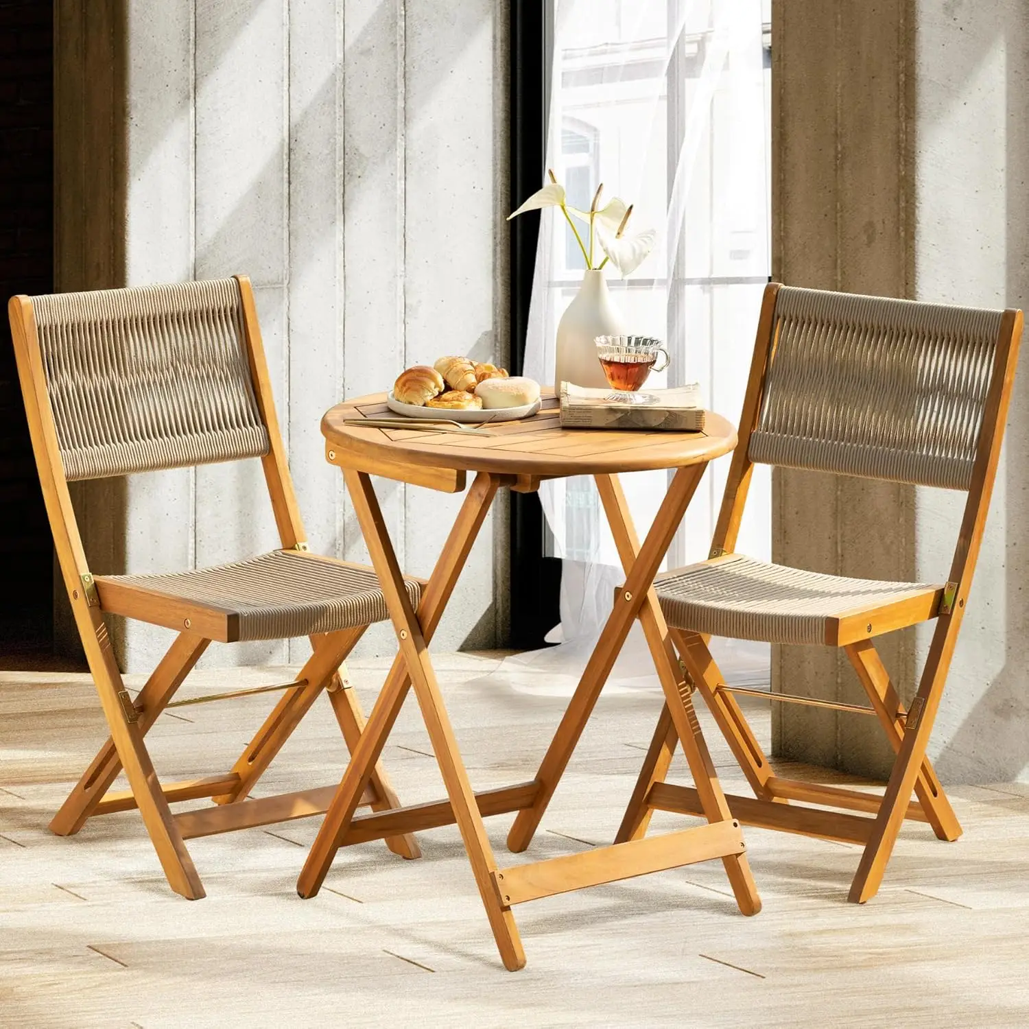 Juego de Bistro para Patio de alta resistencia, sillas plegables con diseño elegante de cuerda de madera, color Beige, capacidad de 400 libras, 3 piezas