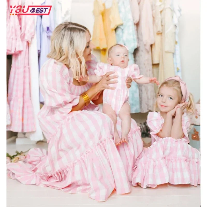 Summer Mother and Daughter Clothes Family Matching Outfits Mom and Daughter Dress Long Dress Grid Flower Mommy and Me Clothes