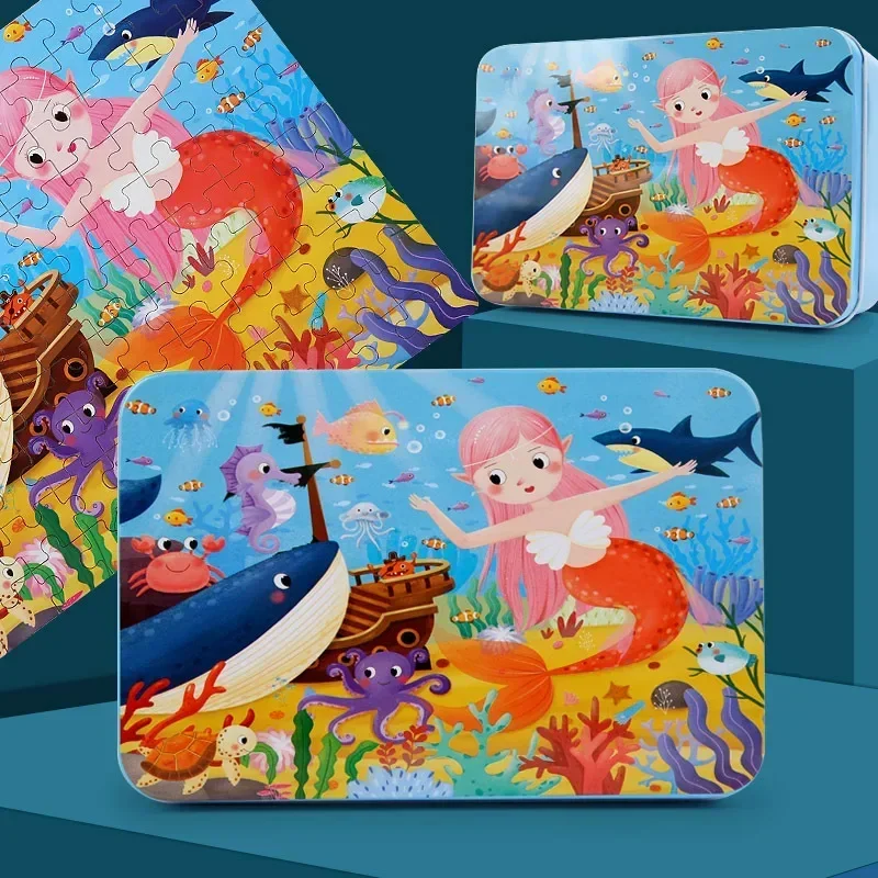 Kinderen Creatieve Houten Puzzel Ijzeren Doos Kleuterschool Baby Vroeg Onderwijs Cartoon Dierenverkeer Puzzel Cognitief Interactief Spel