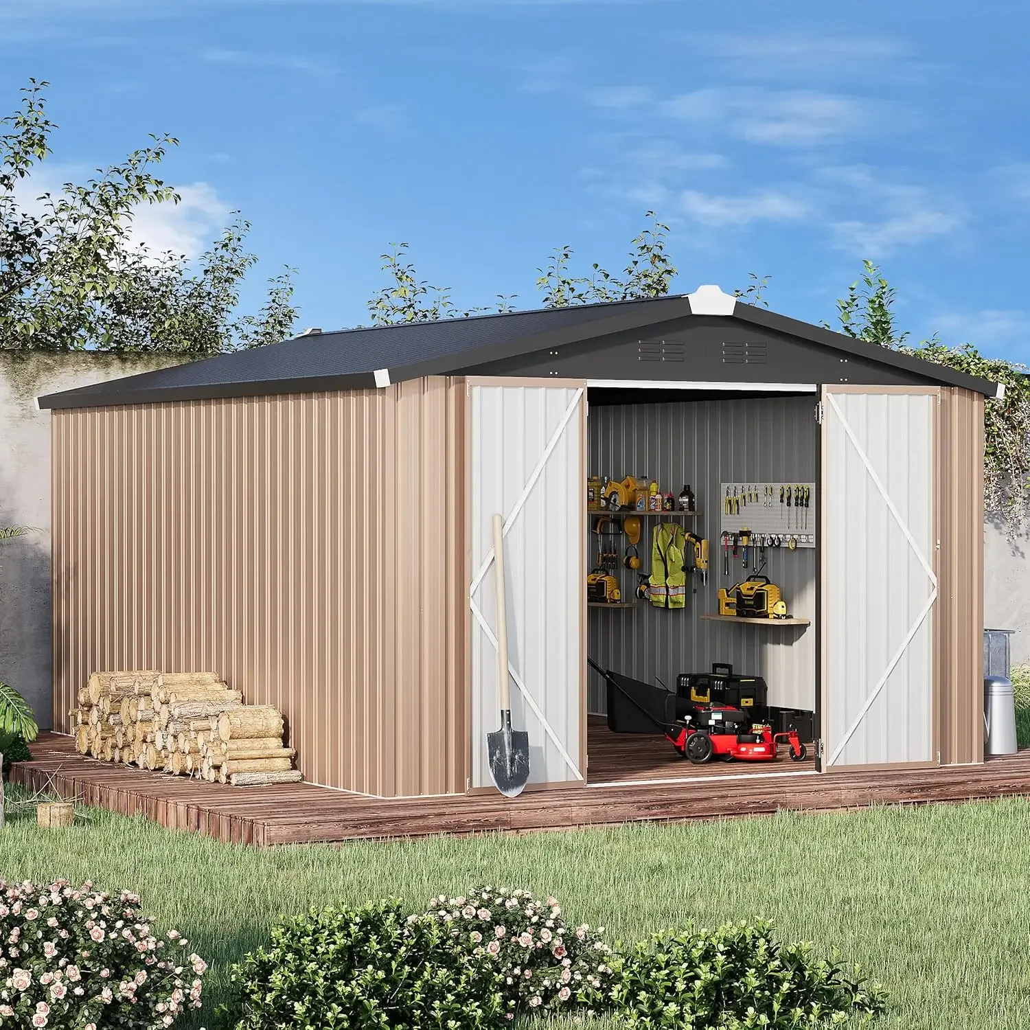 

Outdoor Storage 10' x 14' with Lockable Doors, Large Steel Yard Shed, Utility and Tool Storage for Garden, Backyard