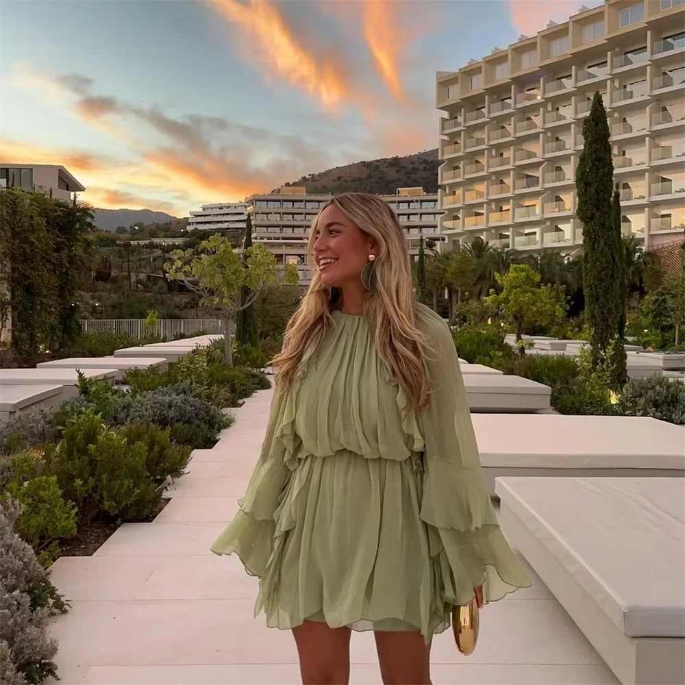 Outono novo feminino francês retro em torno do pescoço manga comprida em camadas plissado borda decoração fino vestido de férias