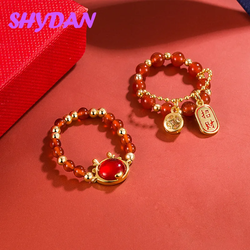 SHYDAN 925 Sterling Silber 18K Gold Der Kleine Rote Drache Offene Verstellbare Ringe für Frauen Mädchen Modeschmuck