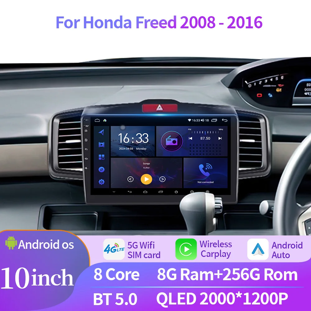 Dla Honda Freed 2008-2016 Radio samochodowe Multimedialny odtwarzacz wideo Nawigacja 4G GPS Bezprzewodowy ekran Apple Carplay Android OS Stereo