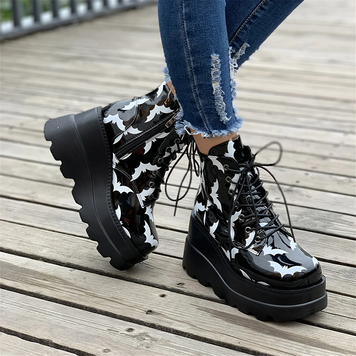 

Punk Style Bat Pattern Platform Ankle Boots - Wedge Heels, Y2K Fashionable Lace-Up Footwear for Casual Wear