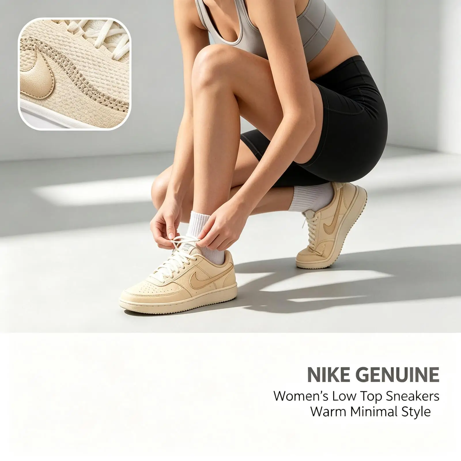 Nike Genuine Women Beige Gold Low Top Sneakers Leather Casual Shoes Soft Cushion Insole Durable Rubber Outsole Anti Slip Shoes