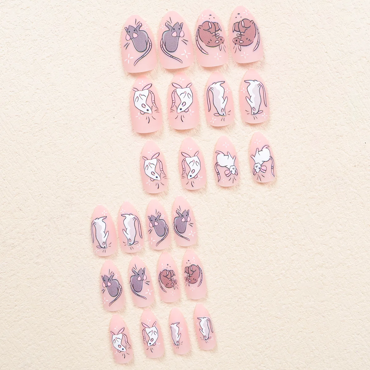 24pcs Cute Cartoon Mouselet Printed Press On Nails Light Pink Frosted Almond False Nails Kawaii Korean Style Fake Nail Wearable