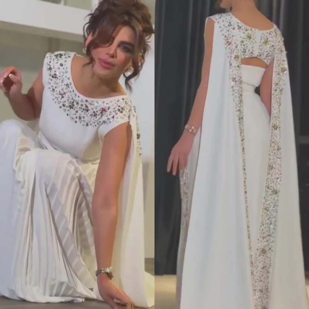 

Fairytale Elegant Jewel Sheath Sweep_Brush Evening Dresses Rhinestone Draped Chiffon Formal Occasion Gown فساتين سهره نسائيه فخم