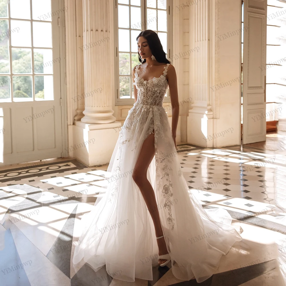 

Boho A-Line Wedding Dresses Spaghetti Straps Flowers Sweetheart High Split Vestido De Noiva Customized Applique Robe Mariage
