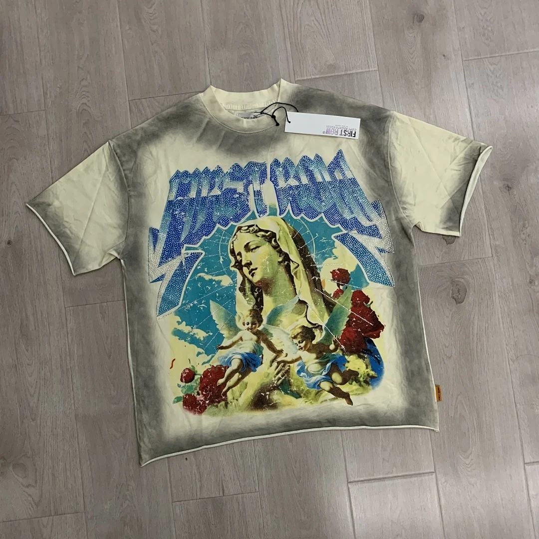 L.A Street Clothing First Row A Sacred Vow Angel Printed Washed Distressed Women Men T shirts tees Hiphop Oversized Men T shirt