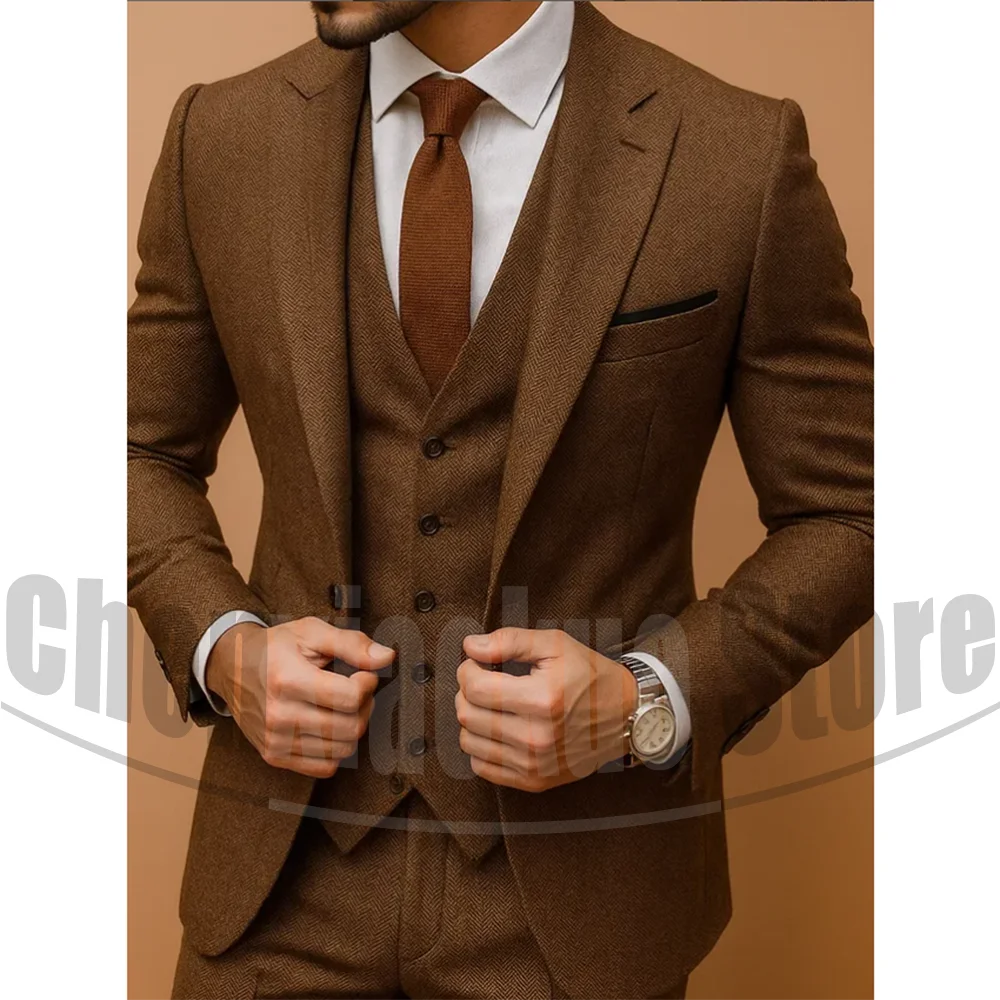 

Men's Brown Herringbone Suit Set Slim Fit Blazer Vest Pants Formal Business Wedding Outfit Vintage Stylish Suits 3 Piece