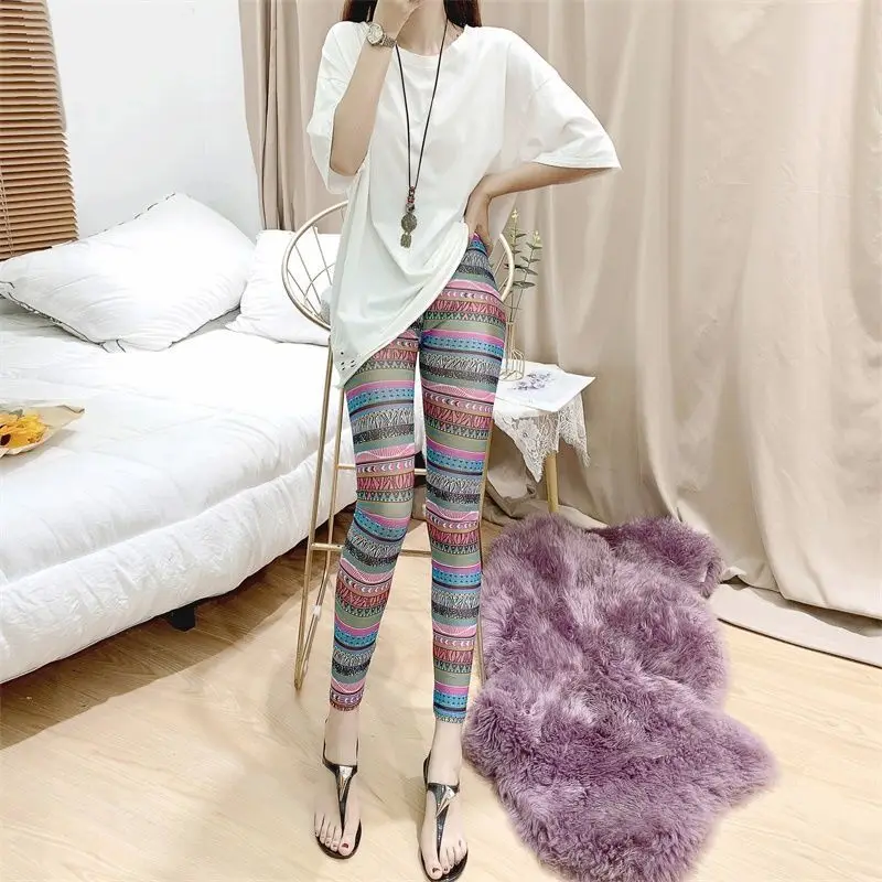 Summer New Fashion Sexy Elastic High Waisted Ankle Length Pants Women's Printed Striped Gauze Slim Straight All-match Leggings