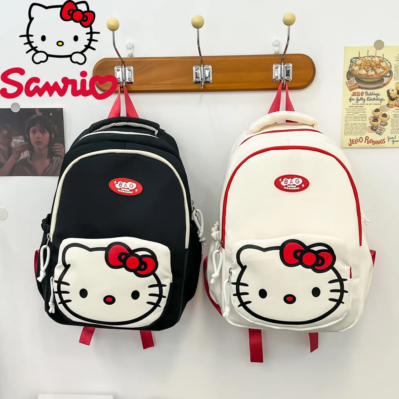  Hello Kitty Backpack Cartoon Cute Student Lightweight School Bag Large Capacity Fashionable Black White