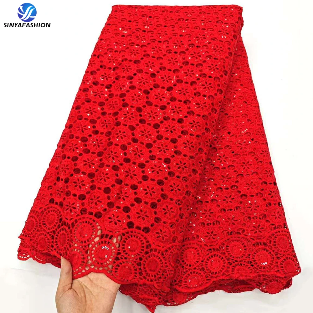 

Sinya Red African Guipure Cord Lace Fabric 2024 High Quality Nigerian Water Soluble Lace With Sequins For Women Wedding Dress