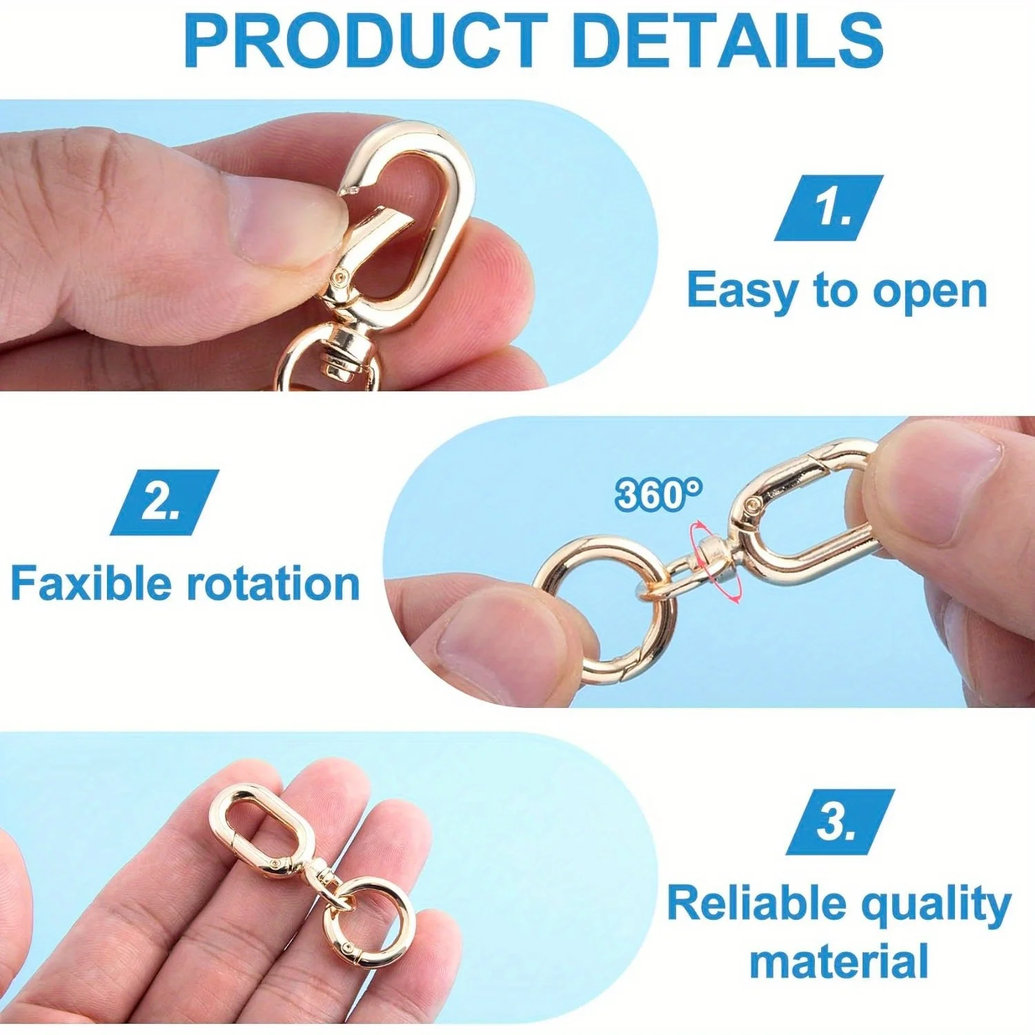 قطعتان من مشابك المشبك الدوارة ذات الفتح المزدوج، خطافات زنبركية دوارة معدنية، مشبك سلسلة مفاتيح مع حلقة مفاتيح للمفاتيح ذاتية الصنع