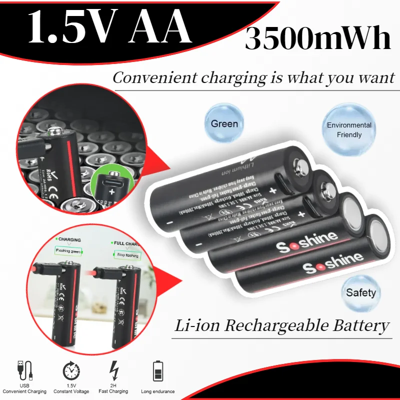 

AA USB Rechargeable Battery 1.5V 3500mWh Lithium Batteries for Mouse Game Controller Massage Device Walkie Talkie Metal Shell
