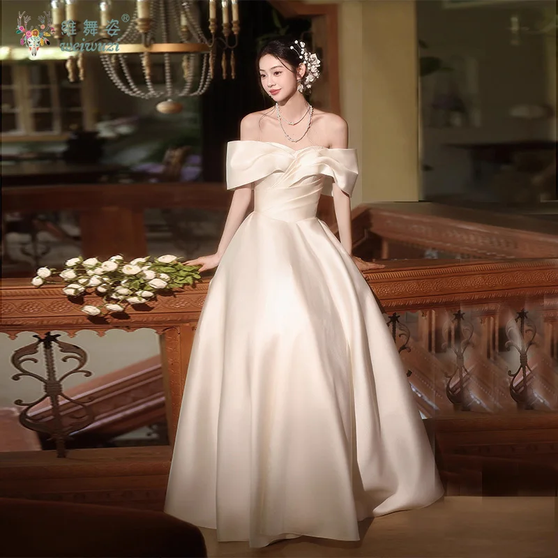 2025 novo coreano cetim simples uma palavra pescoço ombro luz vestido de casamento a linha cintura alta vestido de casamento de noivado