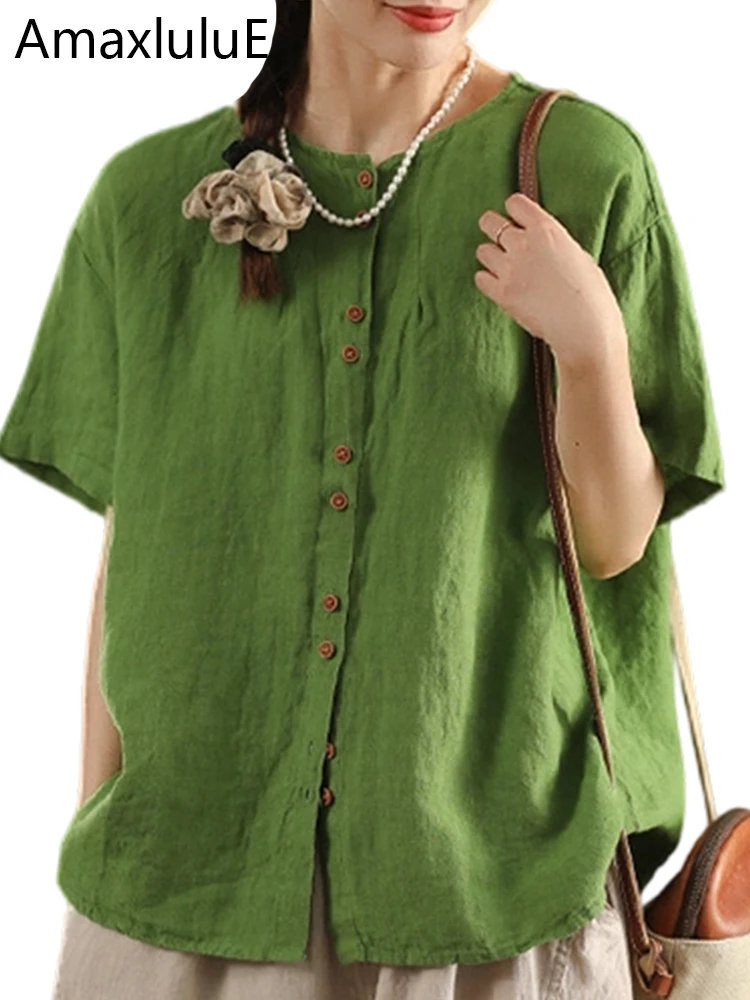 

Amax LuluE Brand Summer Women Fashion Classic Soild Blouses Ladies Leisure O Neck Shirts Loose Cotton Linen Clothes Vintage Tops