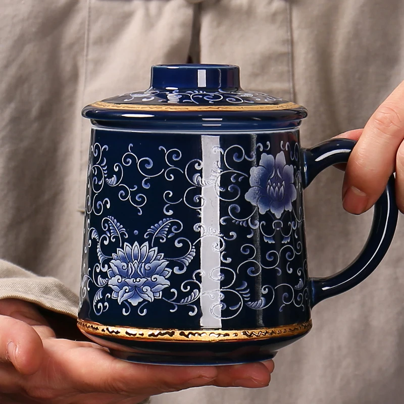 

Сине-белая фарфоровая чашка для чая Cerc Офисная чашка большого размера для домашнего использования Эмалированная цветная чашка для воды с крышкой Чашка