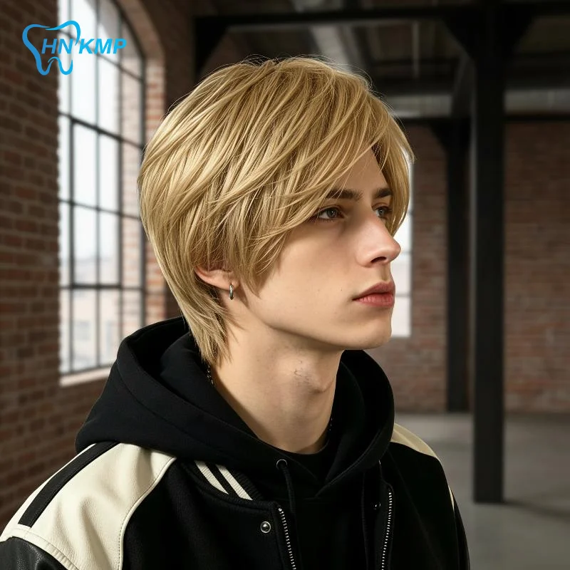 Men's Short Blonde Layered Synthetic Hair Wig For Male Cosplay Anime Halloween Party Costume Accessory