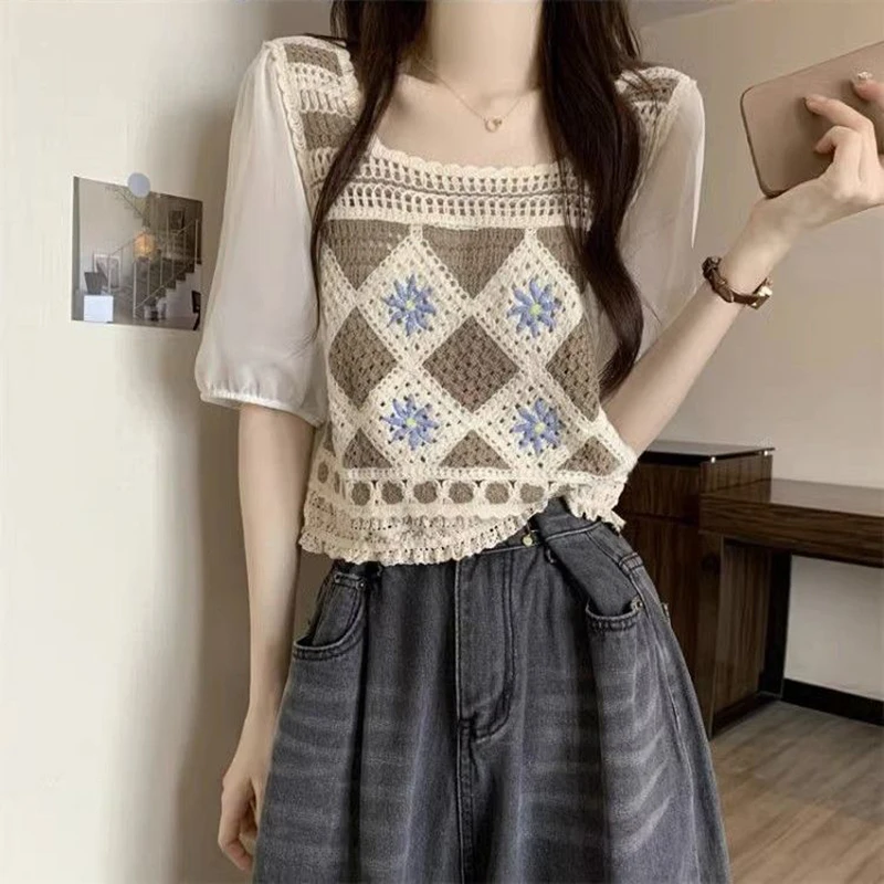 Chiffon Flower Knitted Flower Summer Hollow Out Short Sleeve Women T Shirts O Neck Fashion All-match Sweet Oversized Crop Tops