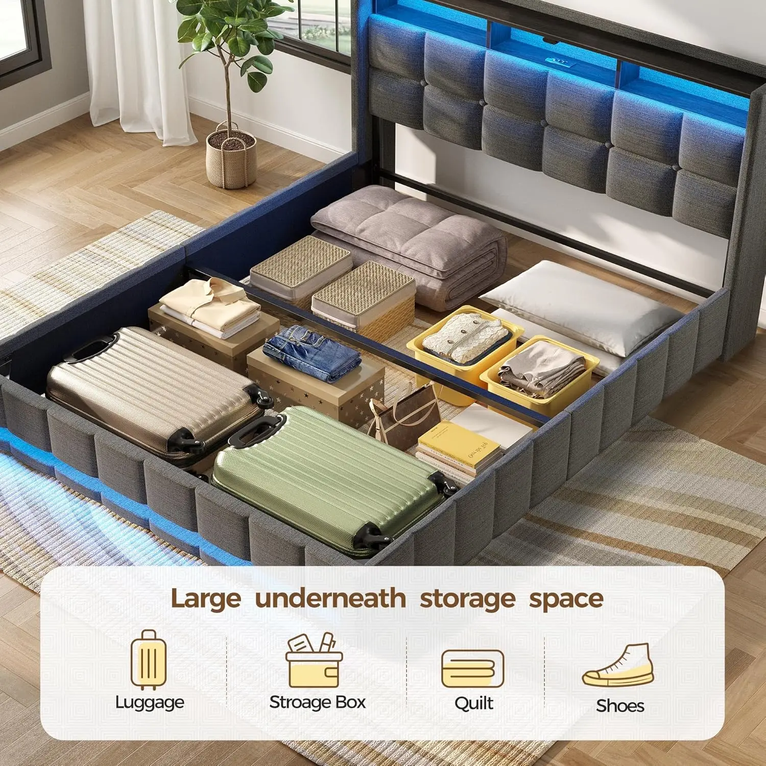 Cama com Lift Up Storage, Estação de carregamento e luzes LED, Estofados Armazenamento Cabeceira, Twin Size, Heavy Duty