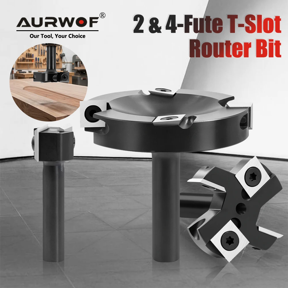 AURWOF 1pc 8mm & 1/2 Shank T-Slot Router Bit 2 Flute Or 4 Flute Wood Milling Cutter For T-Shaped Grooving X08C2051BK