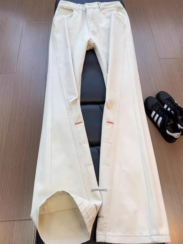 

Mild Beige Embroidered Diagonal Cut Cotton Jeans Men's Autumn Winter Loose Fit Micro Flared Pants Casual Comfortable Jeans