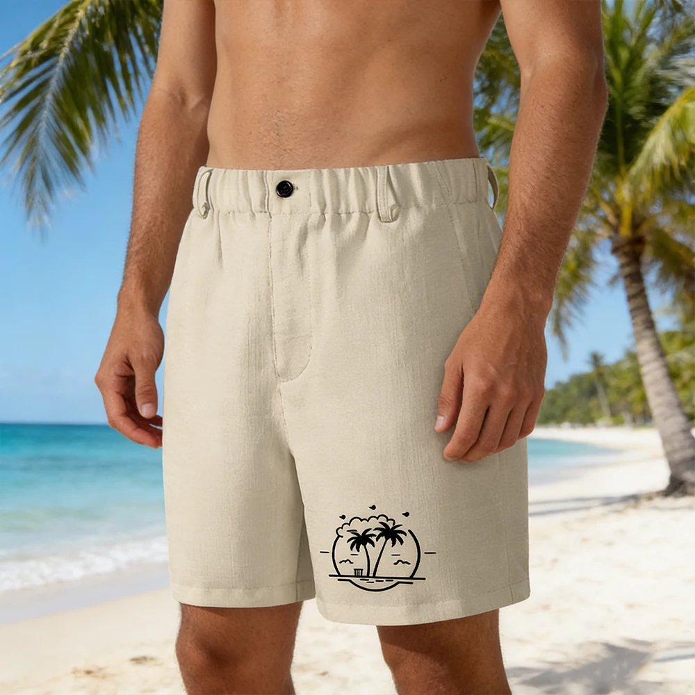 Men's Linen Look Shorts Summer Beach Holiday Shorts Casual Drawstring Waist Short Minimalist Pants Palm Tree Graphic Print