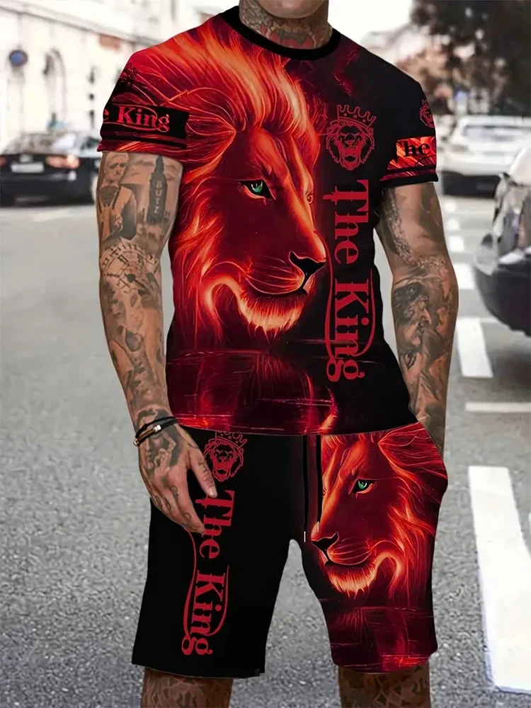 2024 Men\'s Summer Casual Daily Short Sleeve and Shorts 3D Set Cool Lion King Printed T-shirt and Drawstring Shorts Set