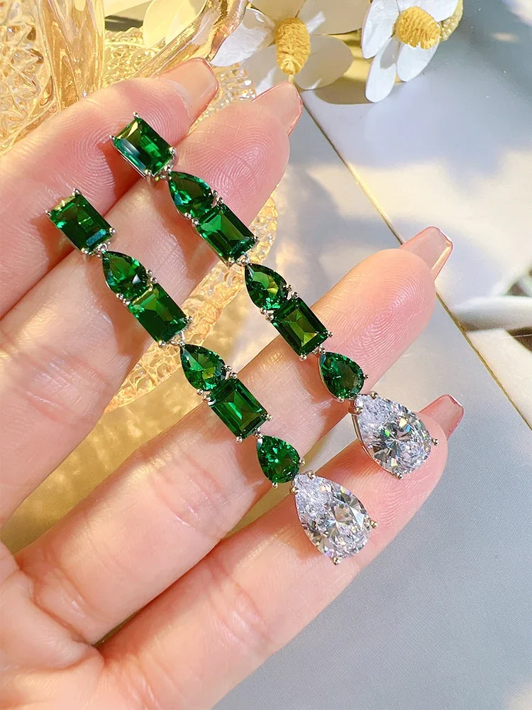 Fashion Retro Versatile Grandmother Green Water Drop 925 Sterling Silver Earrings Set with High Carbon Diamond Wedding Jewelry image 4