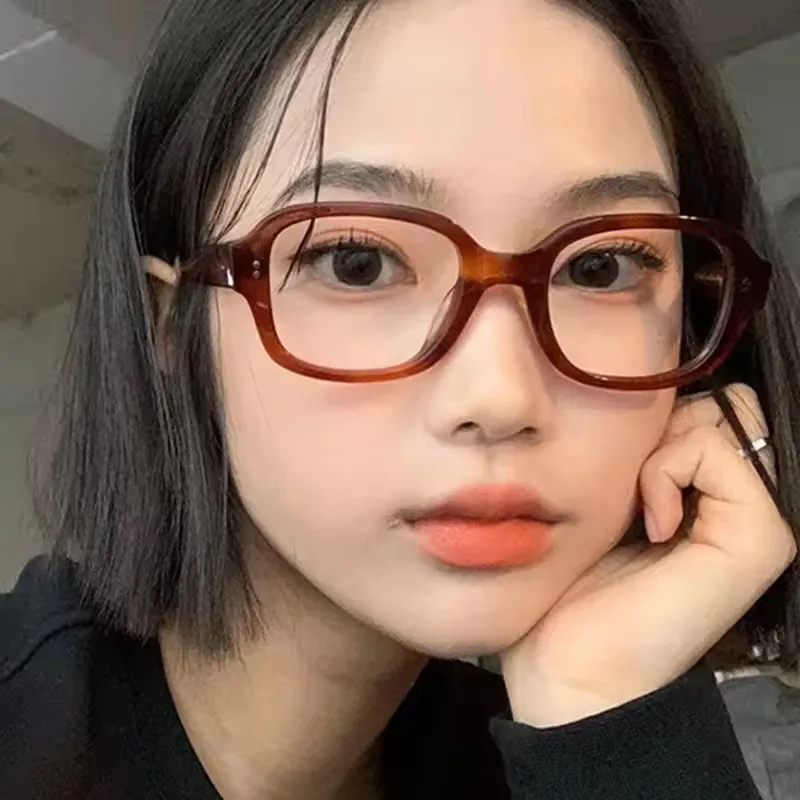 Korean Fashion Square Oval Frame Anti Blue Light Glasses Retro Leopard Red Thick Frame Plain Eyes Female Eye Protection Eyewear image 4