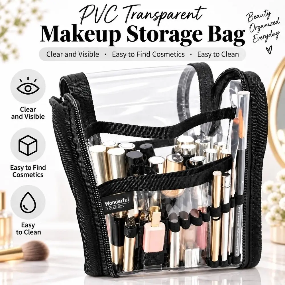 Wasserdichte Make-up-Organizer-Tasche mit elastischer Pinselhalterung, Netztasche, Kosmetik-Aufbewahrungstasche, PVC-Lippenprodukt-Organizer – Detail 2