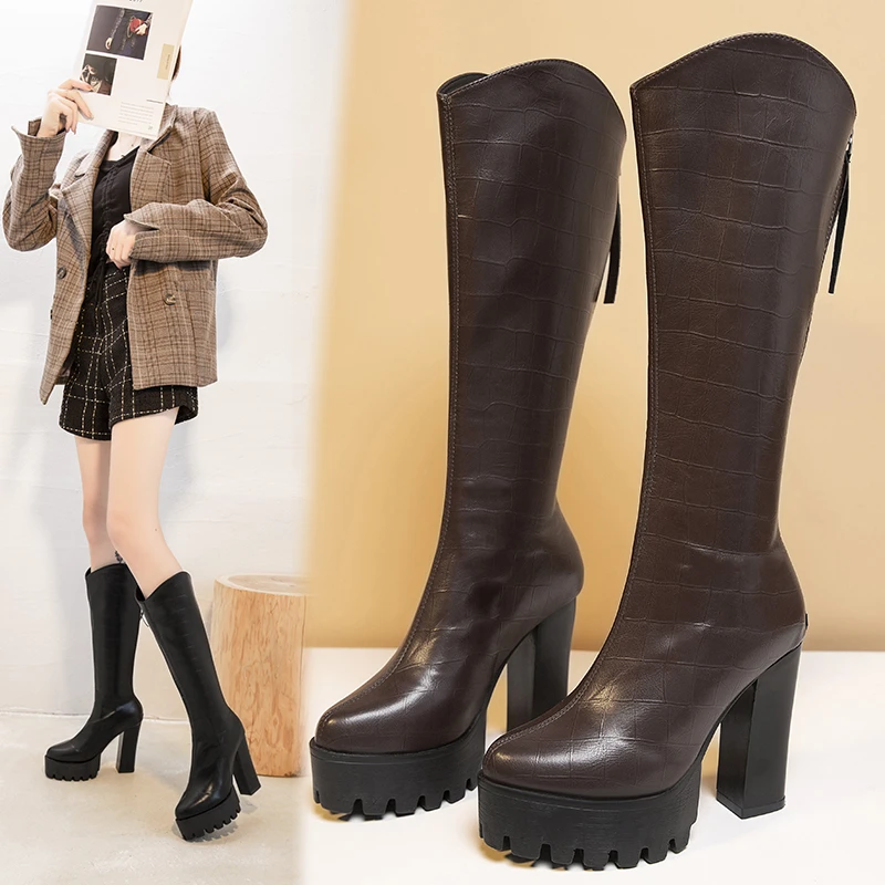 Punk Knee High Boots Women Shoes Woman Solid Leather Retro Zipper Shoes for Women Platfrom High Heels Long Boots Booties Mujer