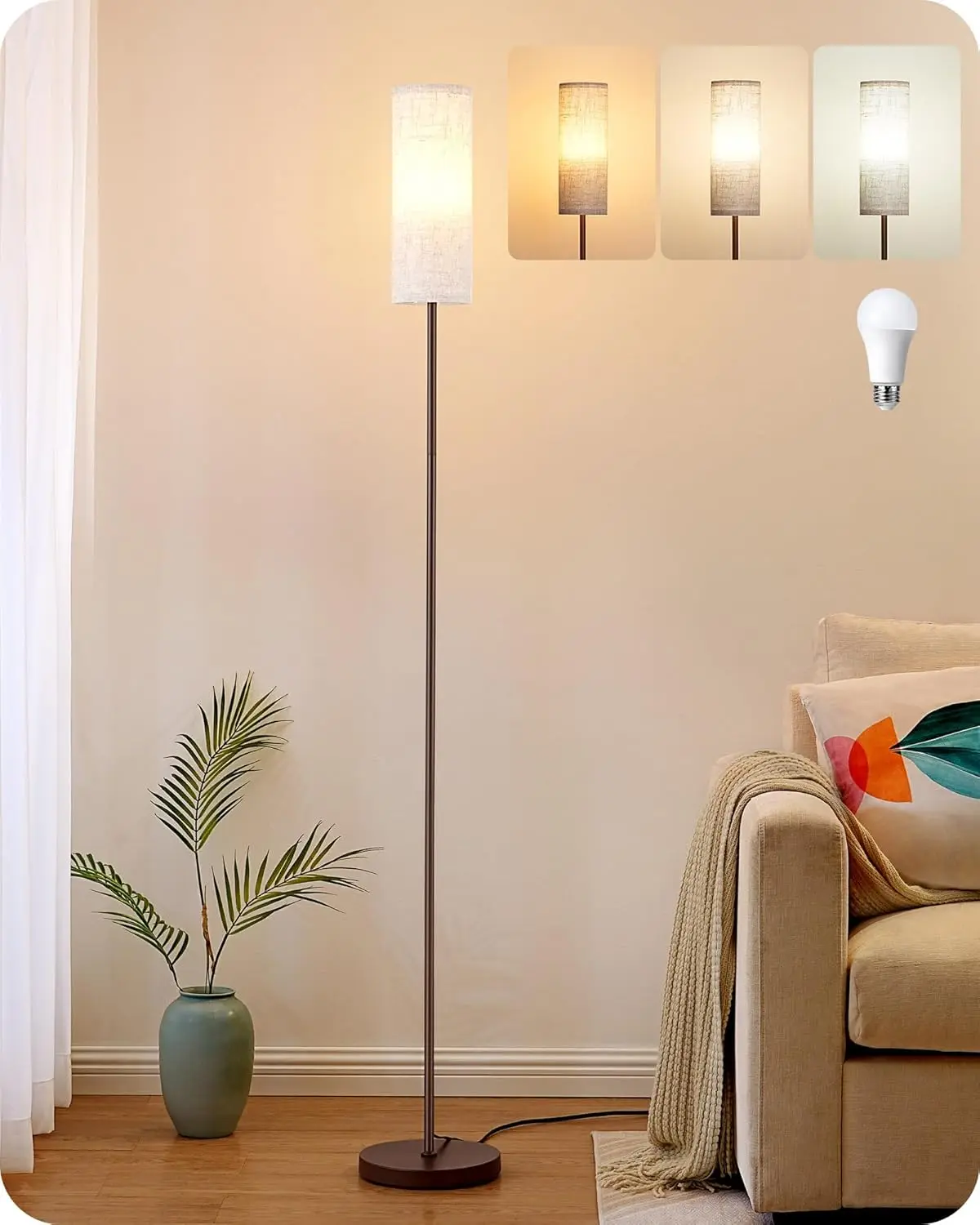 

Современный светодиодный напольный светильник 63,7 дюйма с 3 цветовыми температурами, выключателем с ножной педалью, коричневый, для гостиной, спальни, офиса