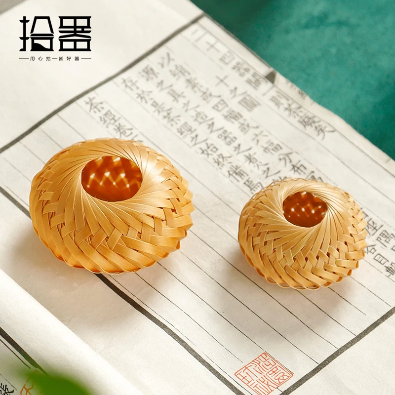 Pure handmade jade bamboo first layer leather woven bamboo cover pot cover cover bowl tea cover cushion small shelf tea pet deco