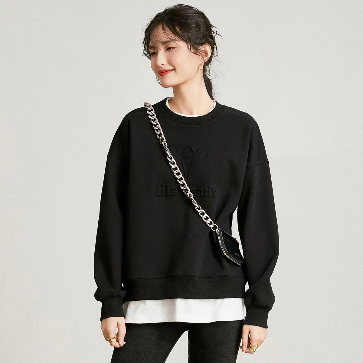 LOUIS YAO 2024 Autumn/winter Three-dimensional Printed Thick Velvet Casual Versatile Fake Two-piece Long Sleeved Sweatshirt