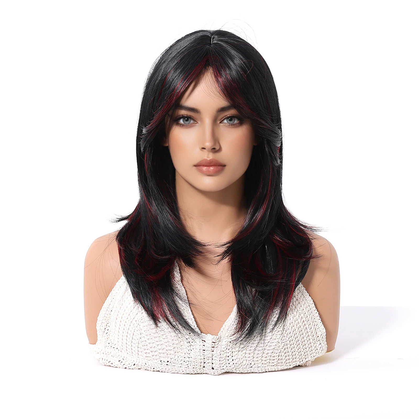 Medium Long Straight Layered Synthetic Wig Black Red Highlights Bangs Heat Resistant Lolita Cosplay Halloween Wig for Women