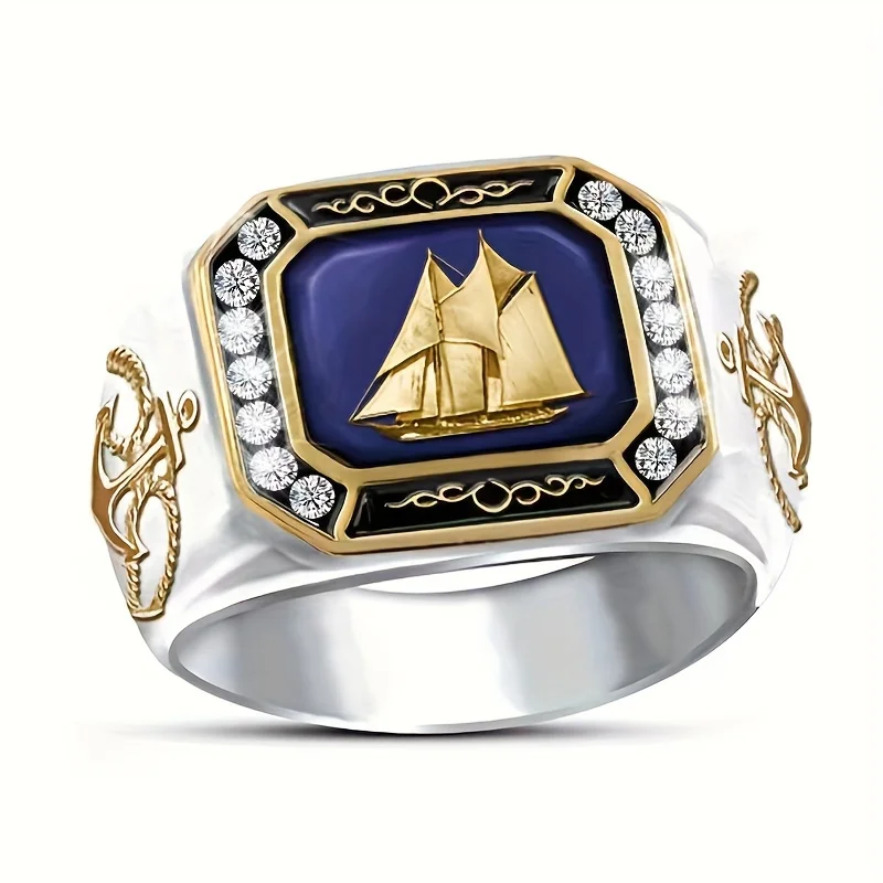 2024 New Fashion Luxury Two Tone Retro Sailboat Men\'s Ring AAAAA Zircon Drip Oil Punk Rings Party Jewelry Gift