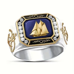 2024 New Fashion Luxury Two Tone Retro Sailboat Men's Ring AAAAA Zircon Drip Oil Punk Rings Party Jewelry Gift