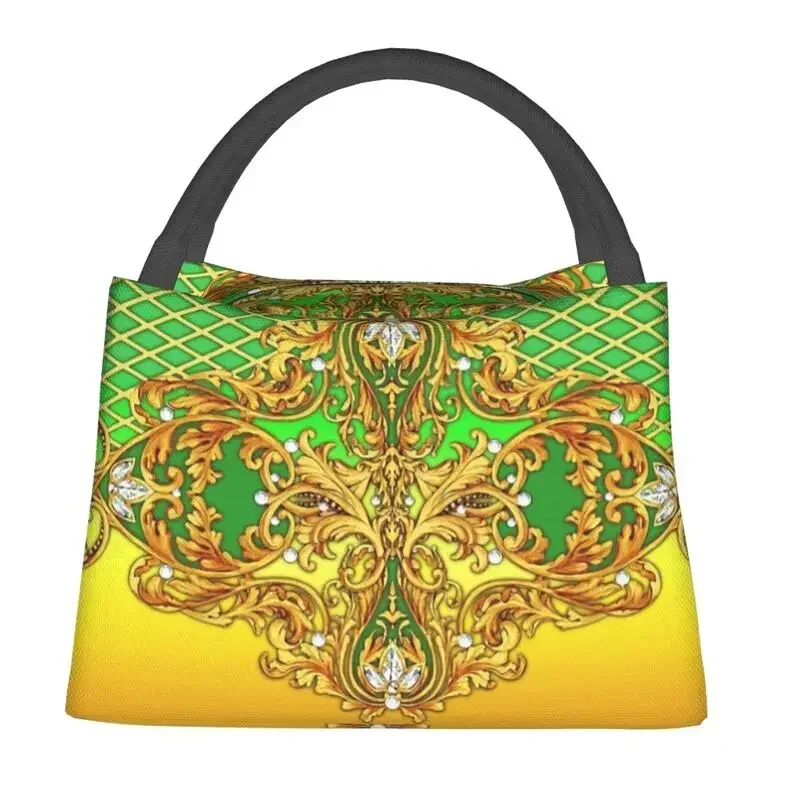 Baroque Yellow Decorative Luxury Golden Ornamental European Design Fashion Lunch Bag Women Cooler Thermal Insulated Lunch Boxes