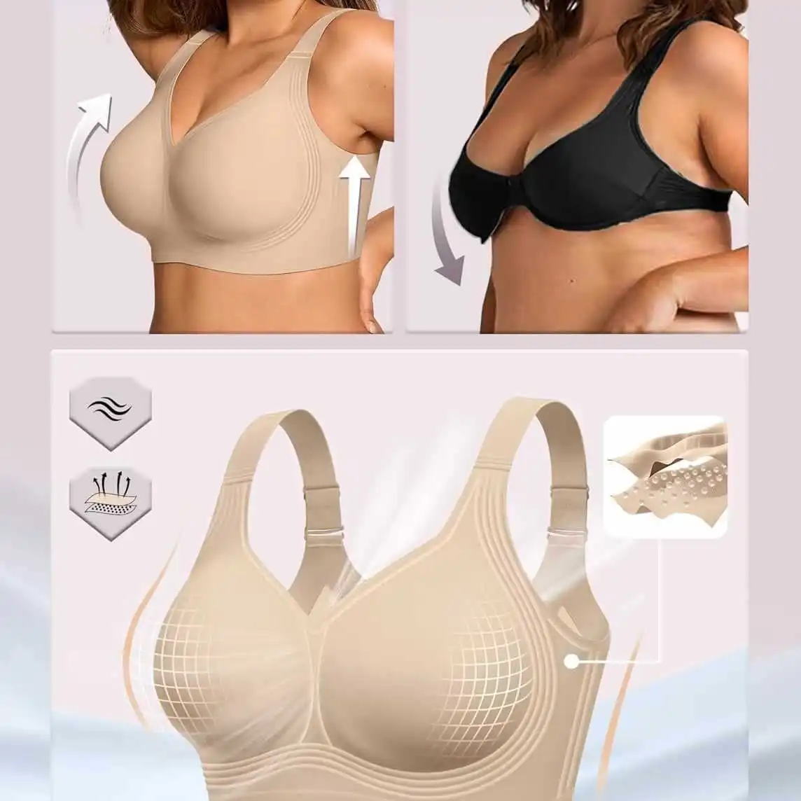 Damen Jelly Plus Size Nahtloser und Bügelloser BH, Stützender Vollschalen-BH, Weich, Bequem und Atmungsaktiv, Drahtloser Push-Up-BH – Detail 5