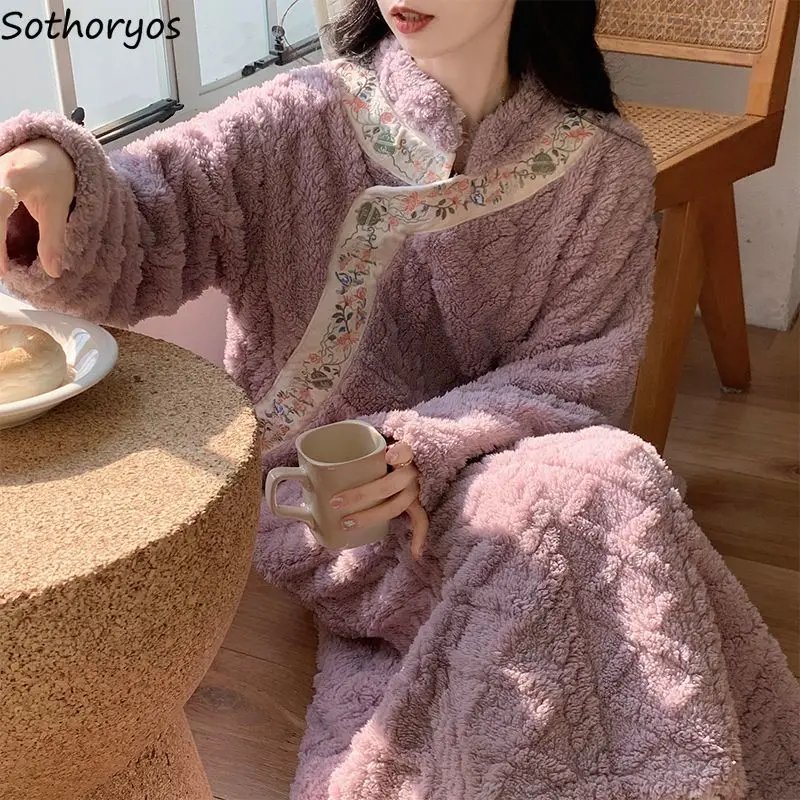 Winter Nightgowns Women Plus Velvet Thicker Warm Embroidery Cozy Baggy Flannel Sleepwear Gentle Aesthetic Literary Loungewear