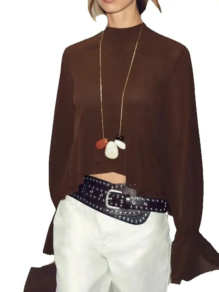 

2025 Women's Elegant Brown Lace-up Bow Ruffled Pleated Pullover Blouse Lady Vintage O-Neck Long Flare Sleeve Loose Chic T Shirts