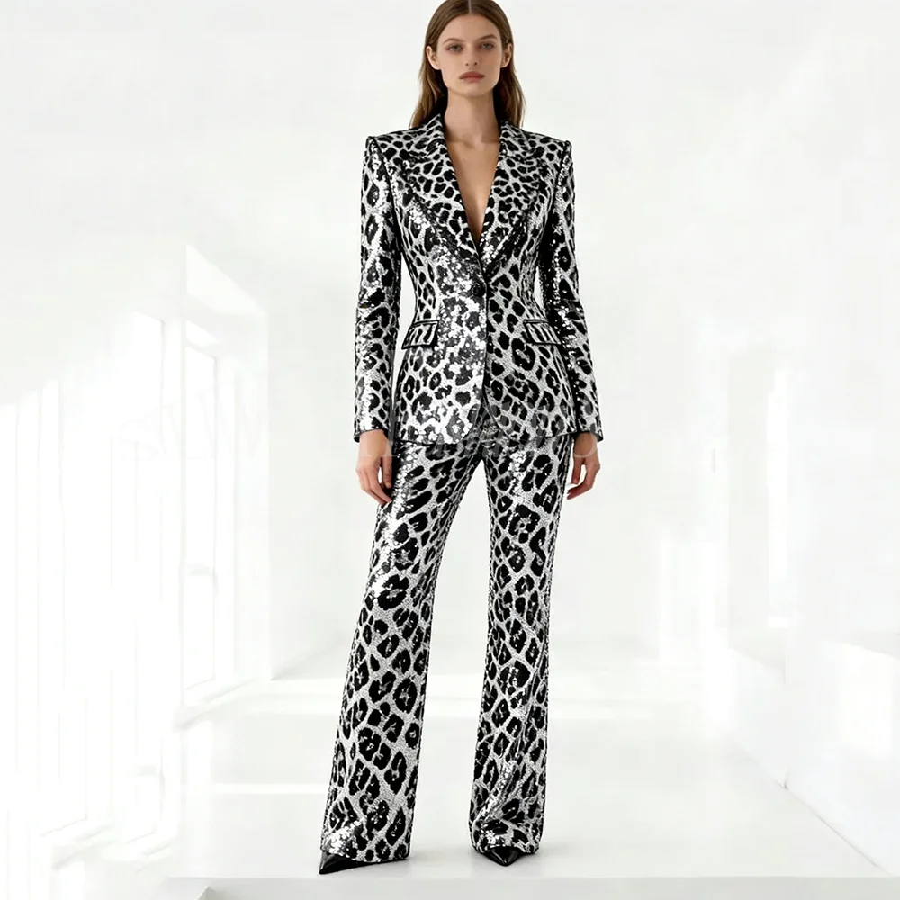 

Роскошные женские костюмы с леопардовым принтом и пайетками, блестящие женские вечерние женские костюмы, комплект из 2 предметов, праздничные модные брюки, куртка + брюки
